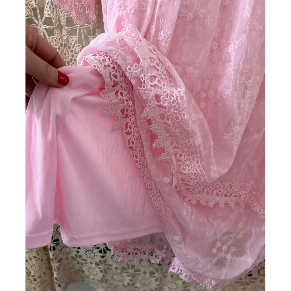 Pink Lace Tiered Coquette Midi ‎ Dress Long Sleeve Feminine Cottagecore Sz L